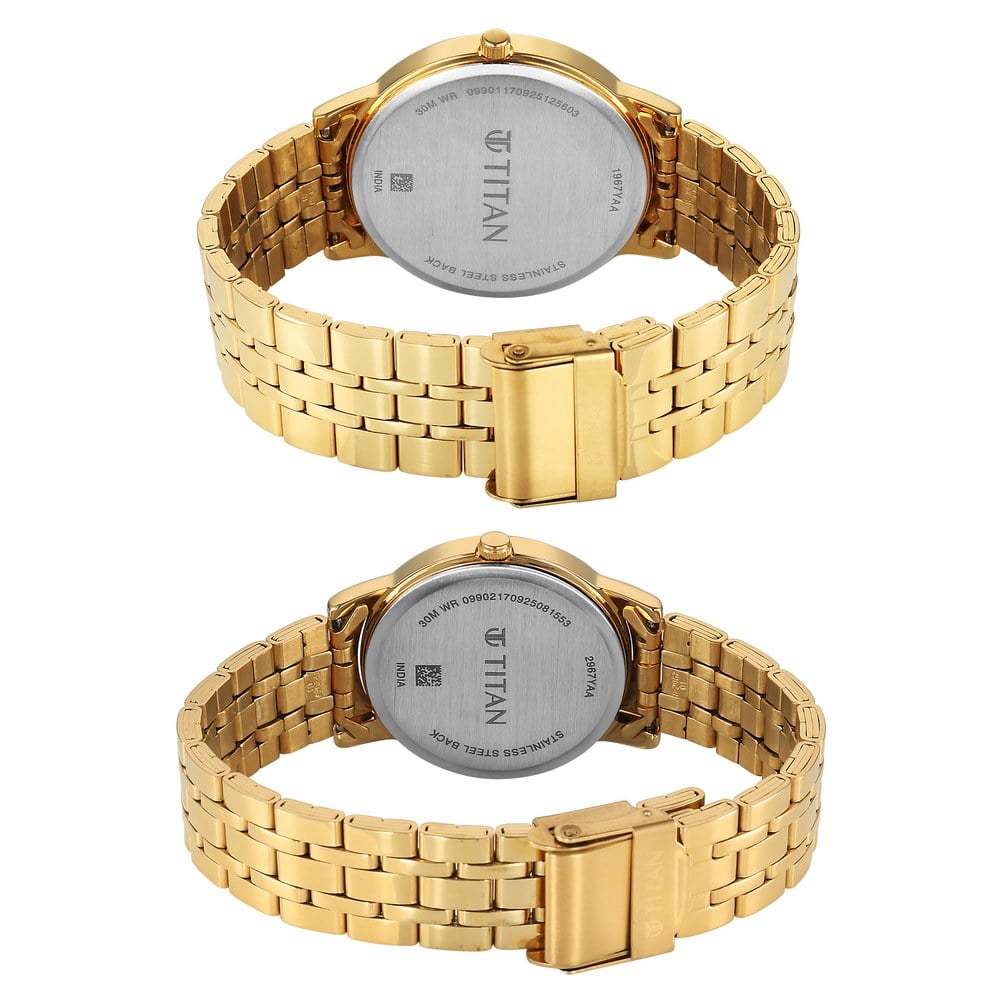 Titan Bandhan Eternal Pair Analog with Date and Green Dial Yellow Gold Stainless Steel Strap Watch for Couples