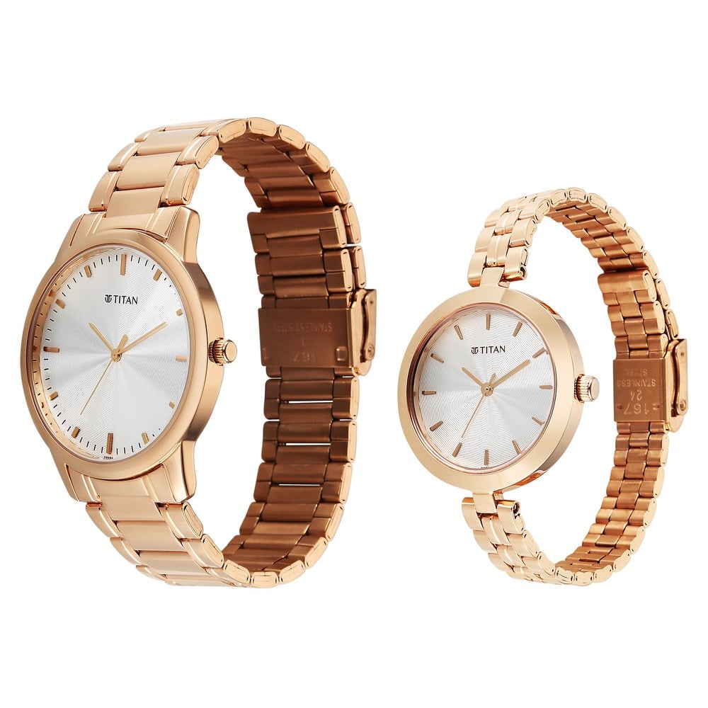 Titan Bandhan Eternal Pair Analog with Silver Dial Rose Gold Stainless Steel Strap Watch for Couples