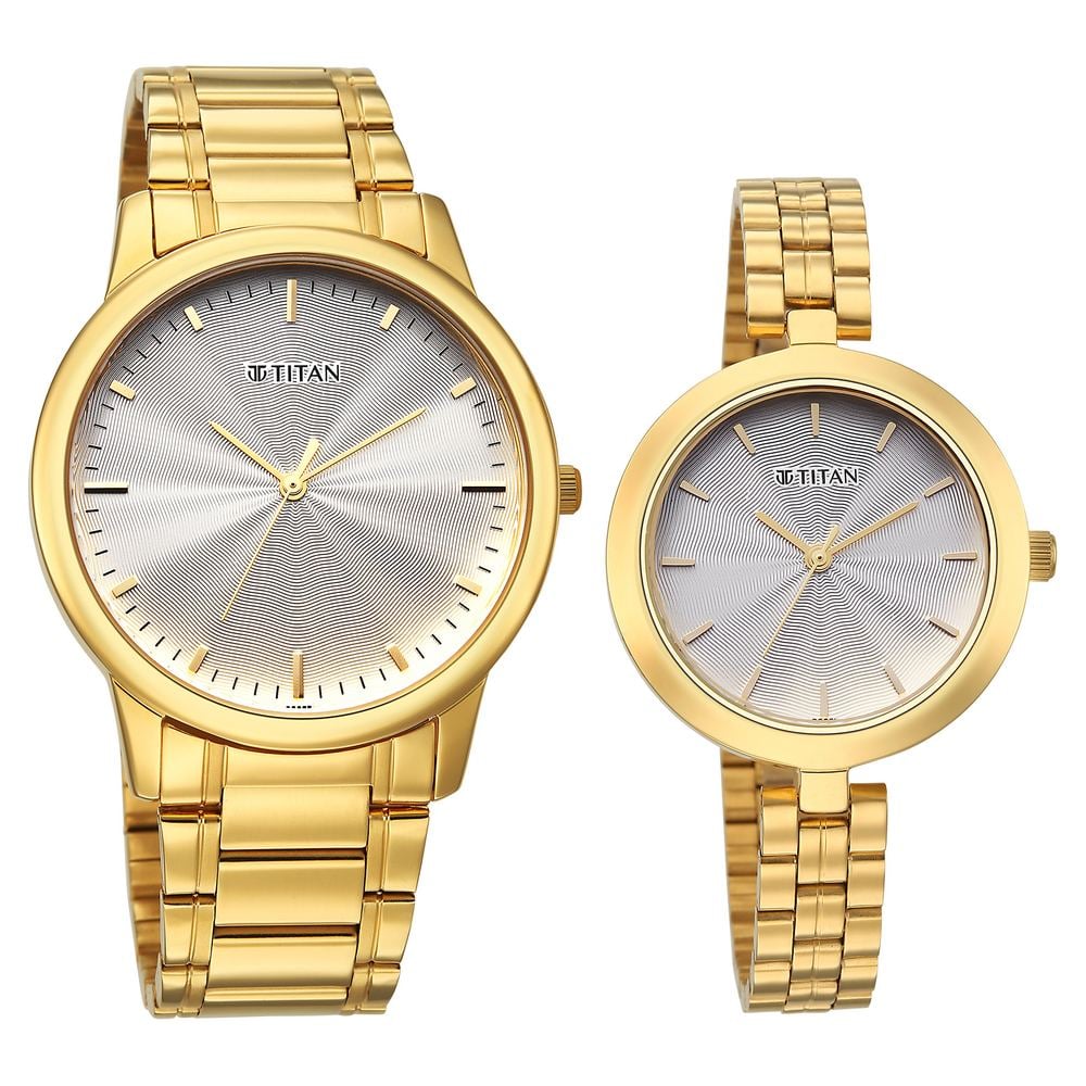 Titan Bandhan Eternal Pair Analog with Silver Dial Yellow Gold Stainless Steel Strap Watch for Couples