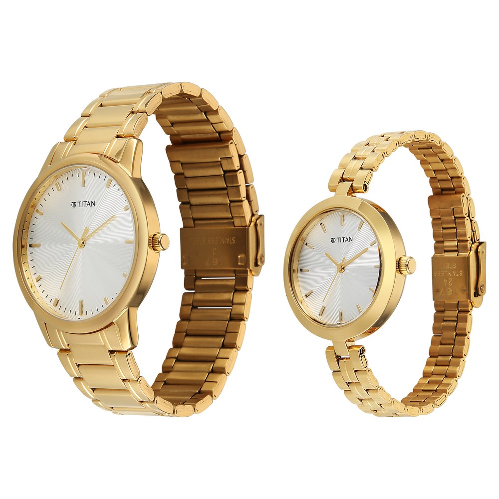 Titan Bandhan Eternal Pair Analog with Silver Dial Yellow Gold Stainless Steel Strap Watch for Couples