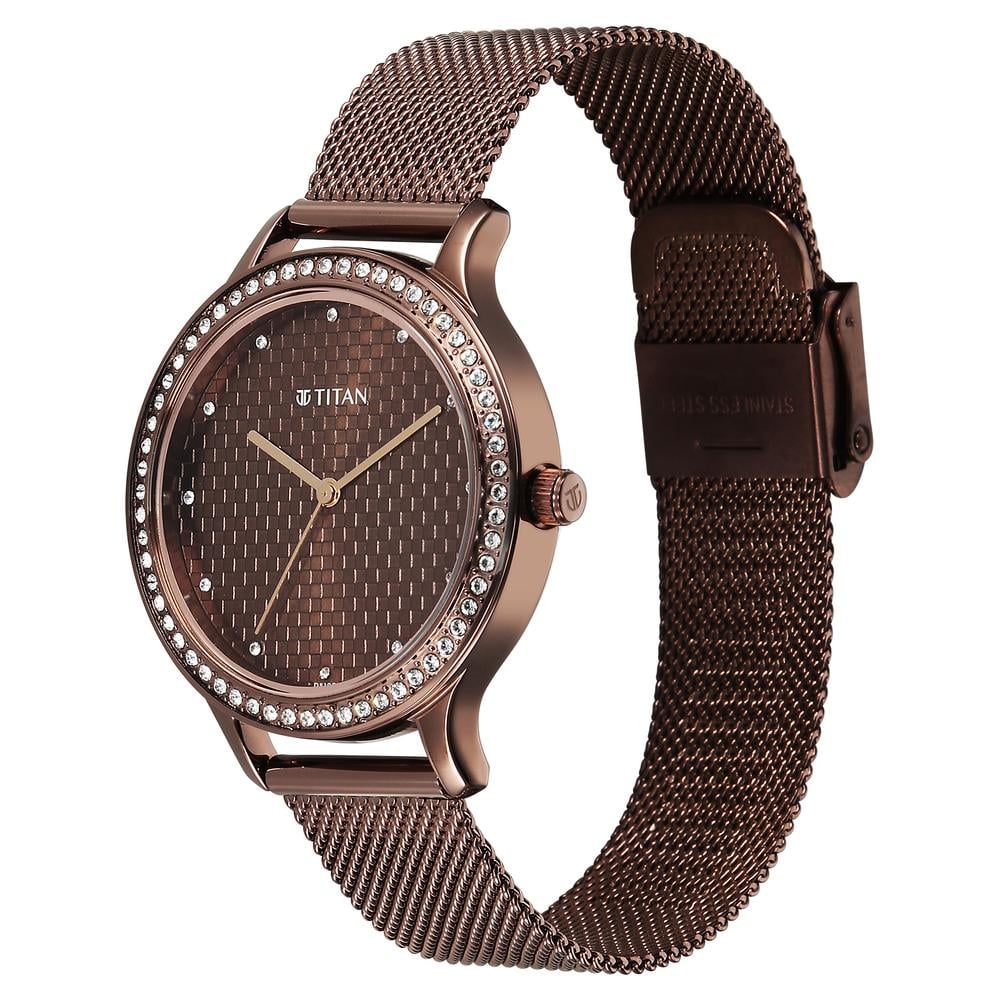 Titan Purple Superheads Quartz Analog Brown Dial Brown Stainless Steel Strap Watch For Women