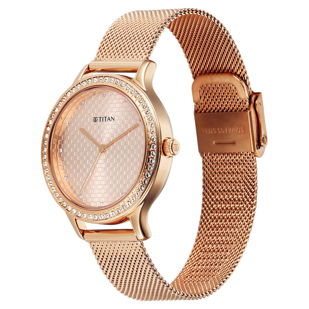 Titan Purple Superheads Quartz Analog Rose Gold Dial Rose Gold Stainless Steel Strap Watch For Women