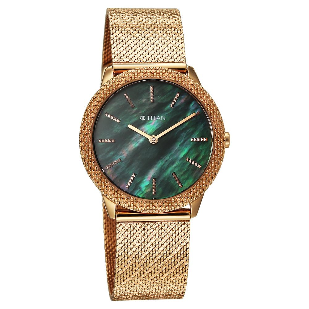 Titan Glamour Quartz Analog Green Mother Of Pearl Dial Rose Gold Stainless Steel Strap Watch For Women