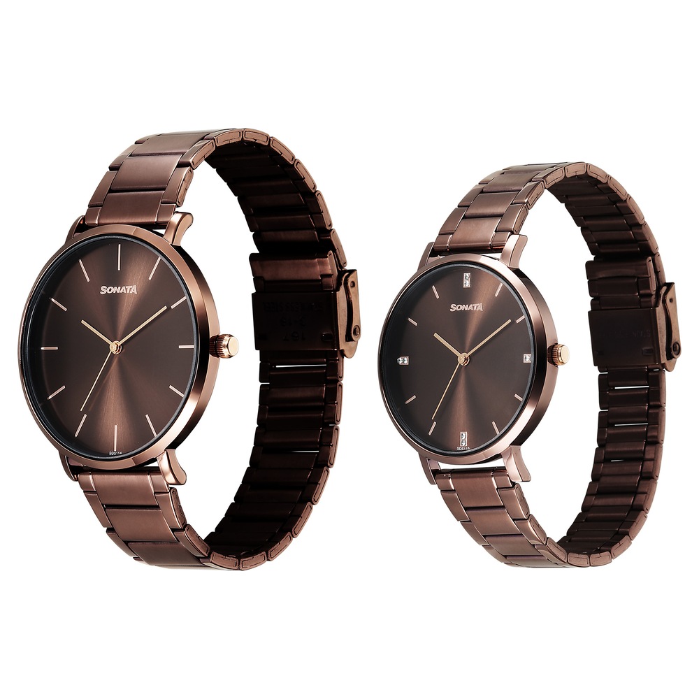 Sonata Soulmate Quartz Analog Brown Dial Brown Stainless Steel Strap Watch For Couple