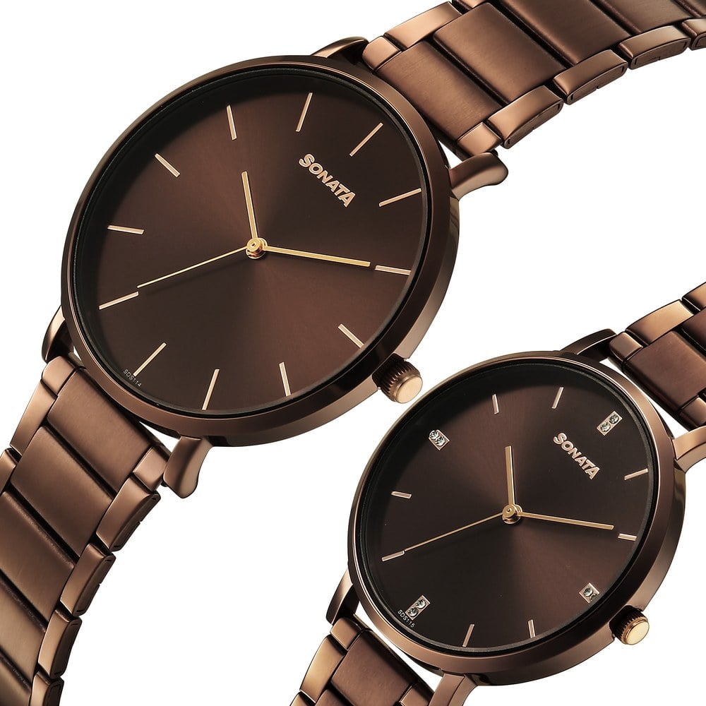 Sonata Soulmate Quartz Analog Brown Dial Brown Stainless Steel Strap Watch For Couple