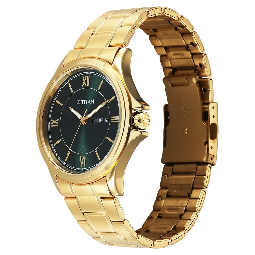 Titan Karishma Quartz Analog with Day and Date Green Dial Golden Stainless Steel Strap Watch For Men