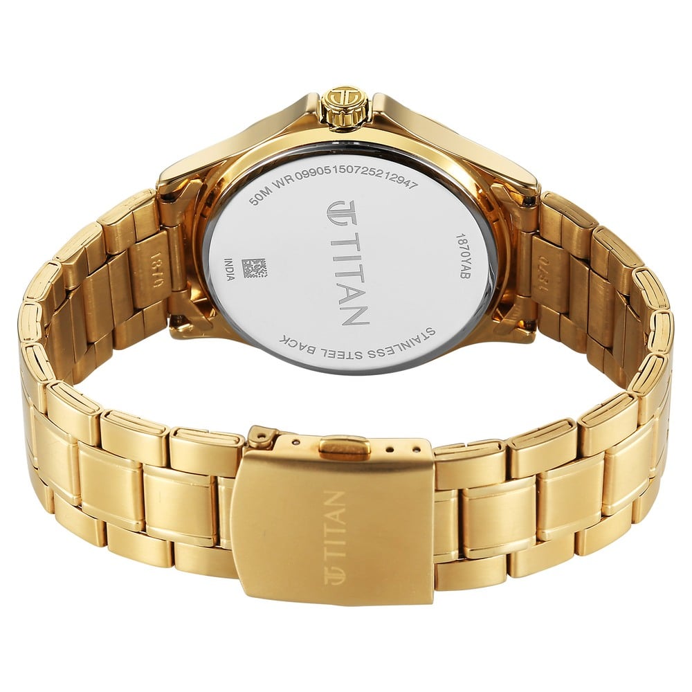 Titan Karishma Quartz Analog with Day and Date Green Dial Golden Stainless Steel Strap Watch For Men