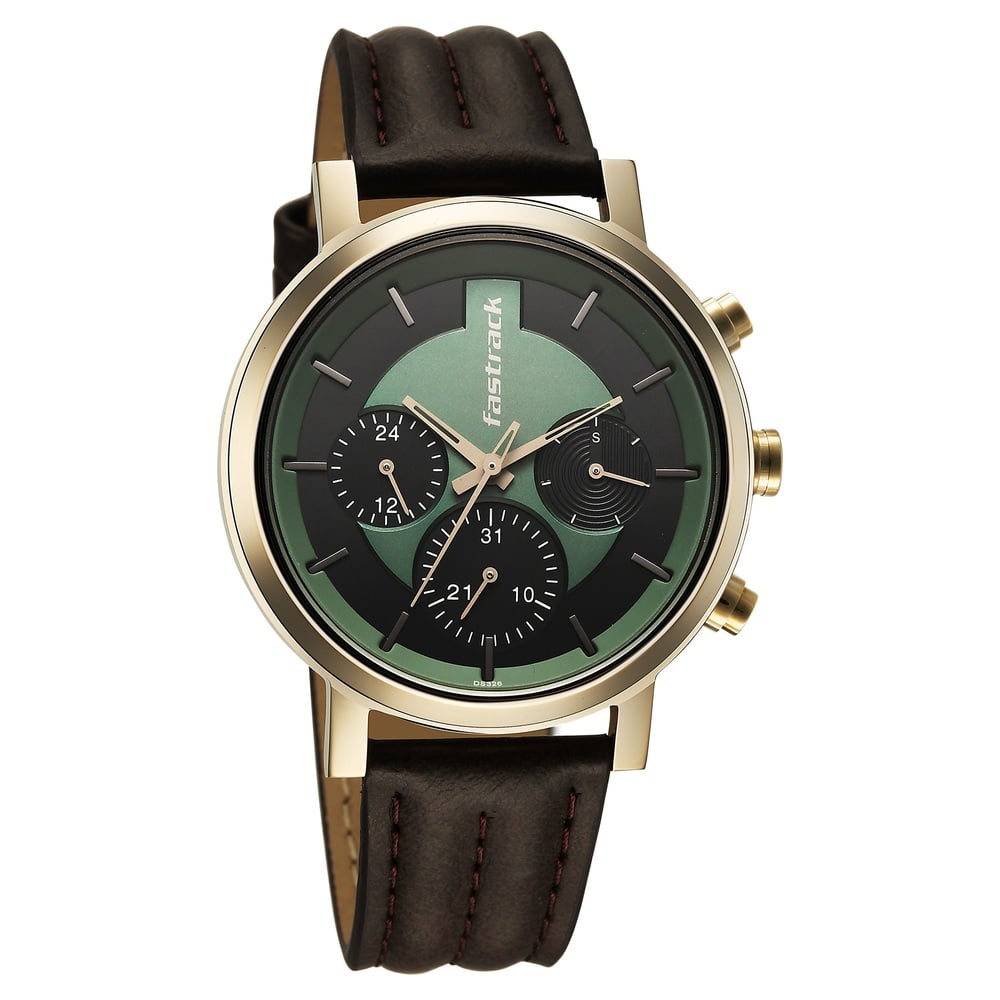 Fastrack Chrome K Quartz Multifunction Green Dial Brown Leather Strap Watch For Guys