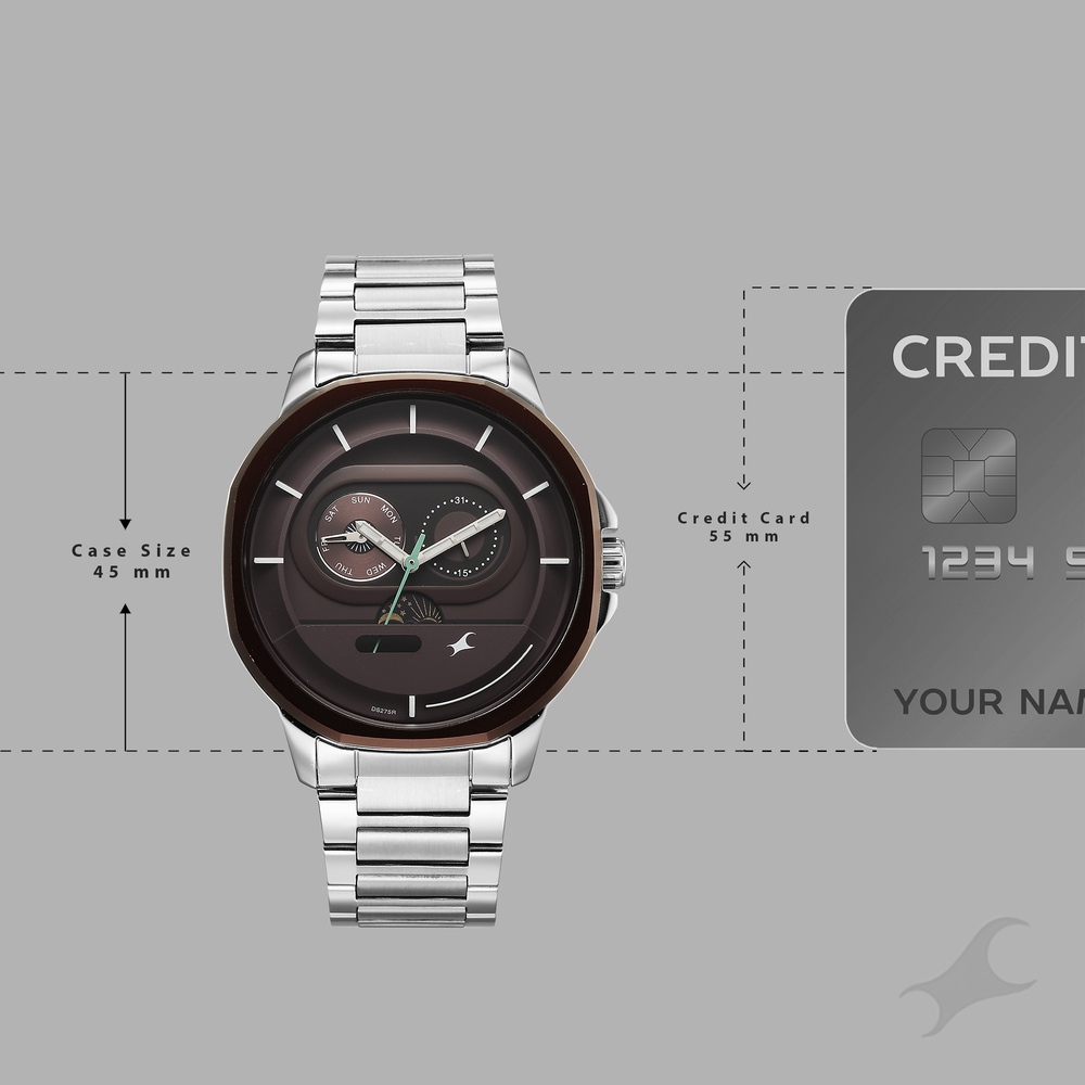 Fastrack Street Opulence Quartz Sun Moon Multifunction Maroon Dial Silver Stainless Steel Strap Watch For Guys