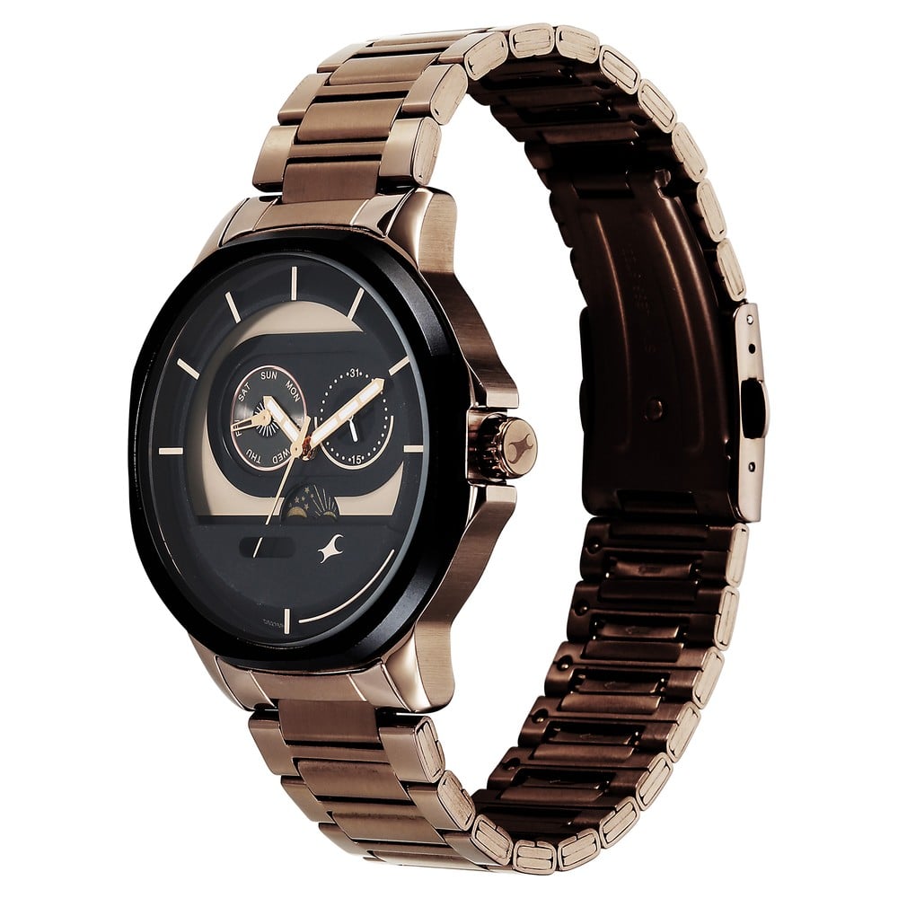 Fastrack Street Opulence Quartz Sun Moon Multifunction Brown Dial Brown Stainless Steel Strap Watch For Guys