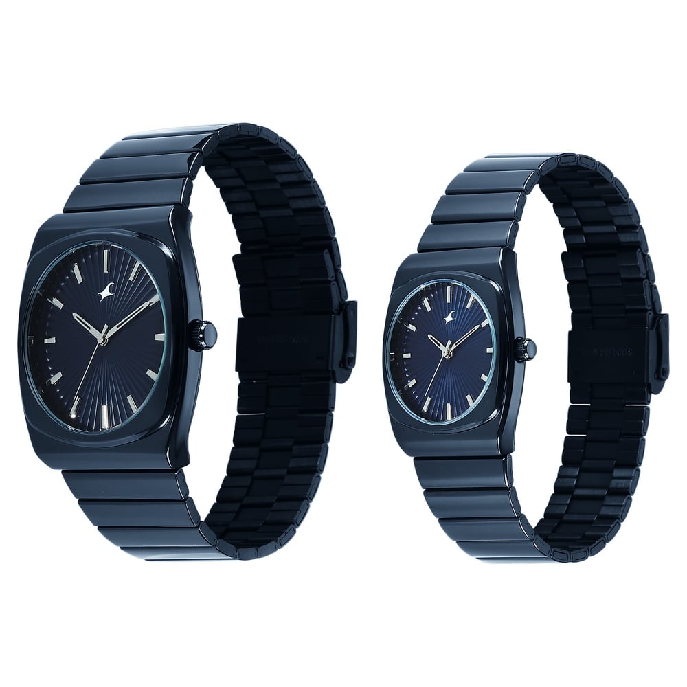 Fastrack Mixmatched Quartz Analog Multicoloured Dial Two Toned Stainless Steel Strap Watch For Couple