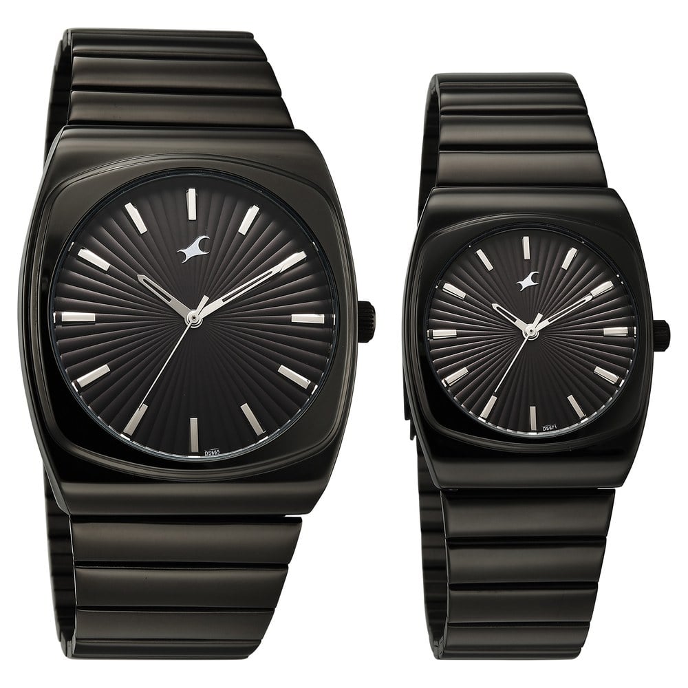 Fastrack Mixmatched Quartz Analog Multicoloured Dial Two Toned Stainless Steel Strap Watch For Couple