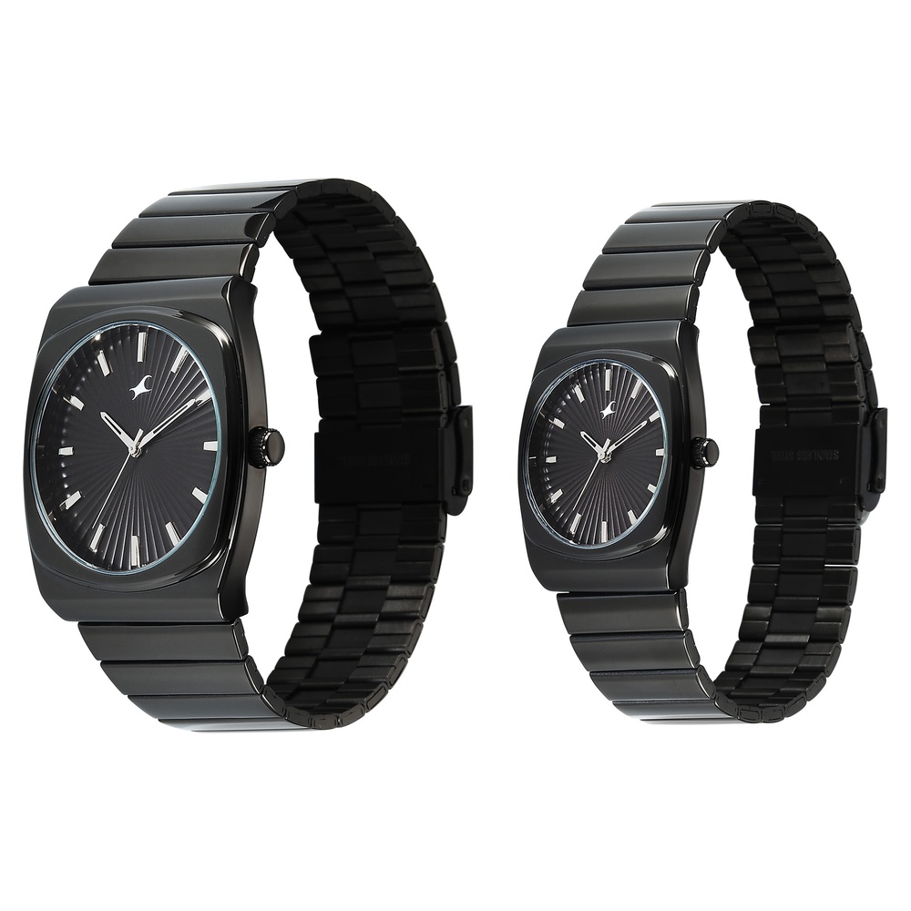 Fastrack Mixmatched Quartz Analog Multicoloured Dial Two Toned Stainless Steel Strap Watch For Couple