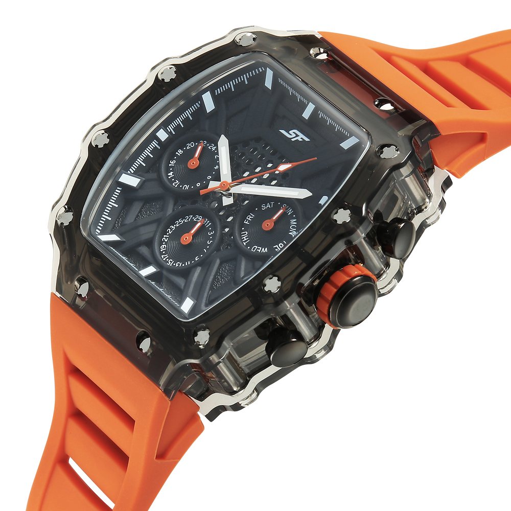 SF Maiden Voyage Sport Watch Black Dial And Orange Strap Tonneau Shaped Case with Multifunction movement