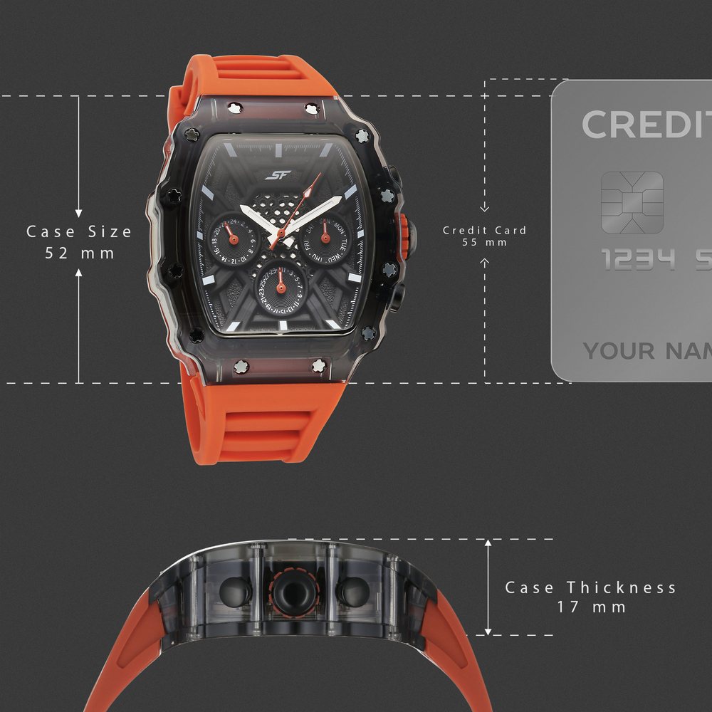 SF Maiden Voyage Sport Watch Black Dial And Orange Strap Tonneau Shaped Case with Multifunction movement