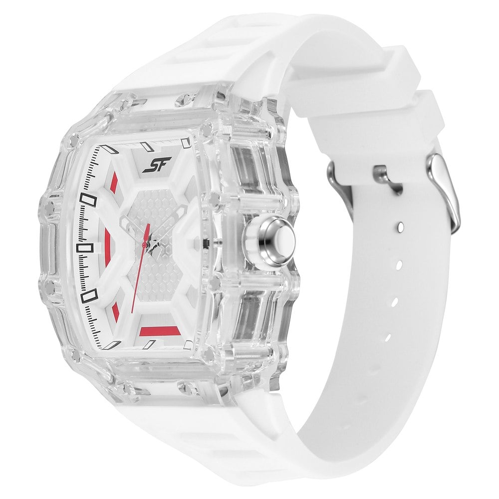 SF Maiden Voyage Sport Watch White Dial And Strap with red accents Tonneau Shaped Case