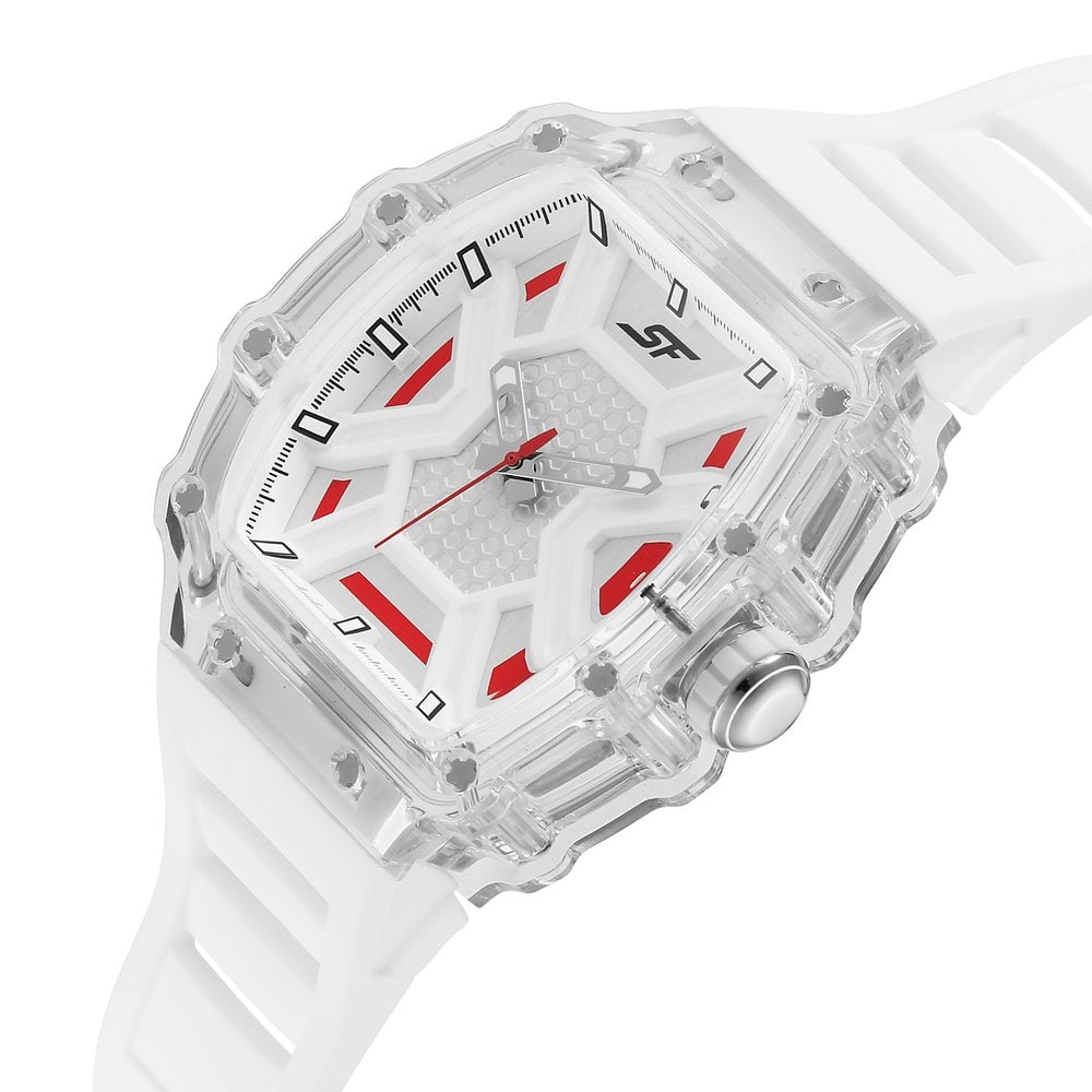 SF Maiden Voyage Sport Watch White Dial And Strap with red accents Tonneau Shaped Case