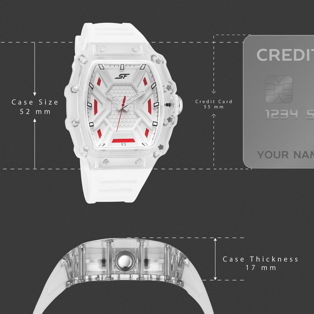 SF Maiden Voyage Sport Watch White Dial And Strap with red accents Tonneau Shaped Case