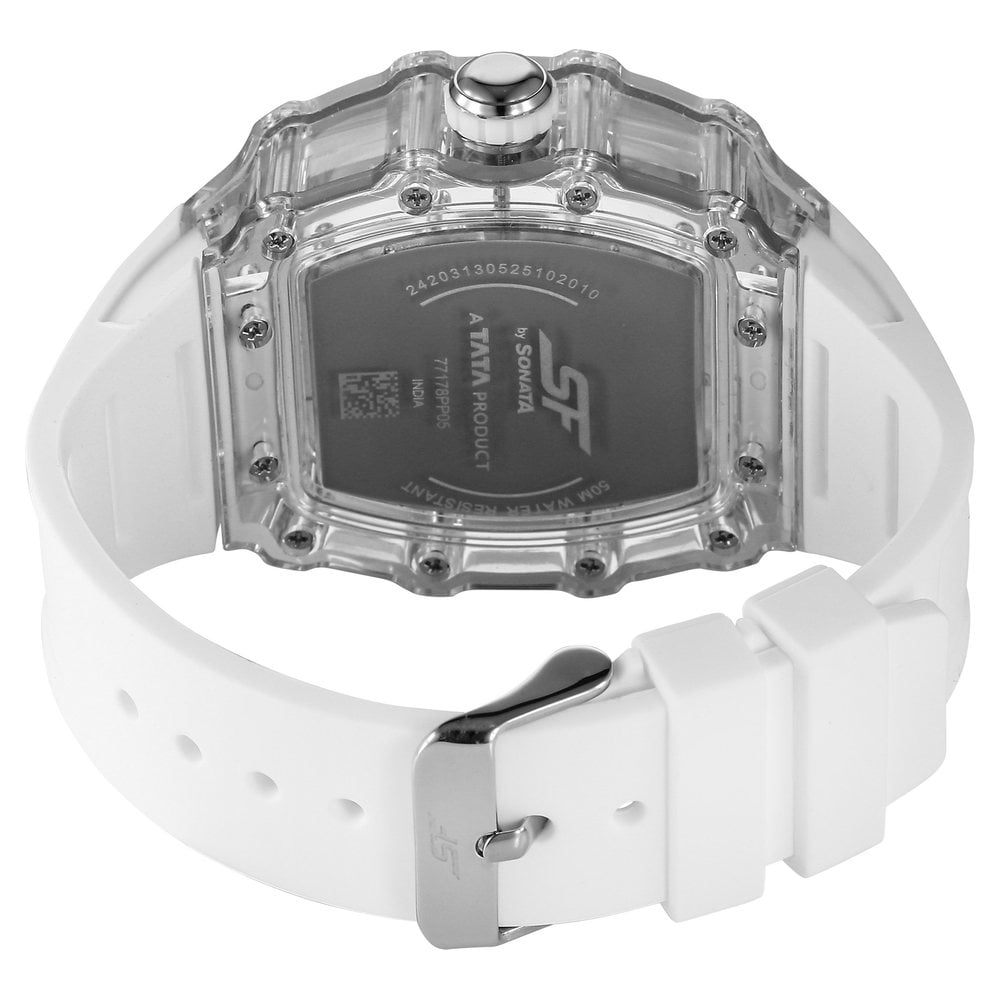 SF Maiden Voyage Sport Watch White Dial And Strap with red accents Tonneau Shaped Case