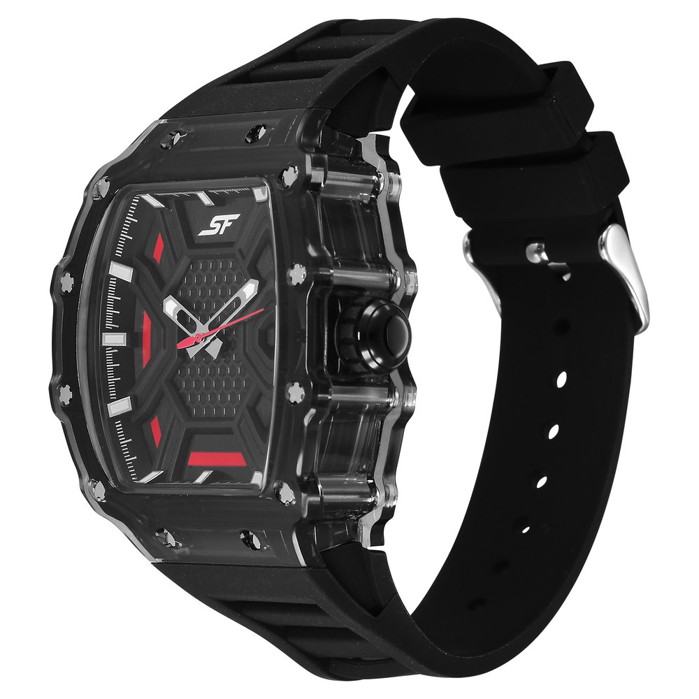SF Maiden Voyage Sport Watch Black dial And Strap wih red accents Tonneau Shaped Case