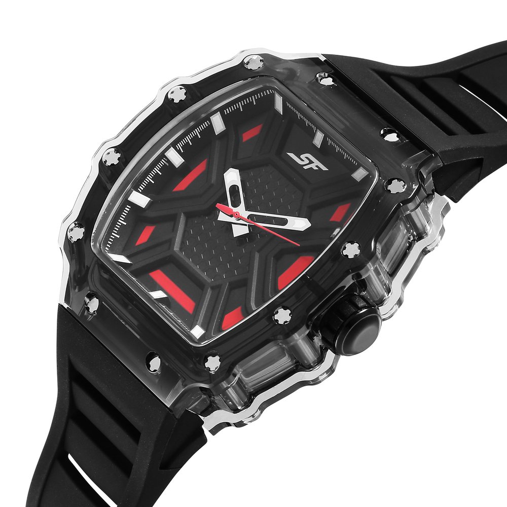 SF Maiden Voyage Sport Watch Black dial And Strap wih red accents Tonneau Shaped Case