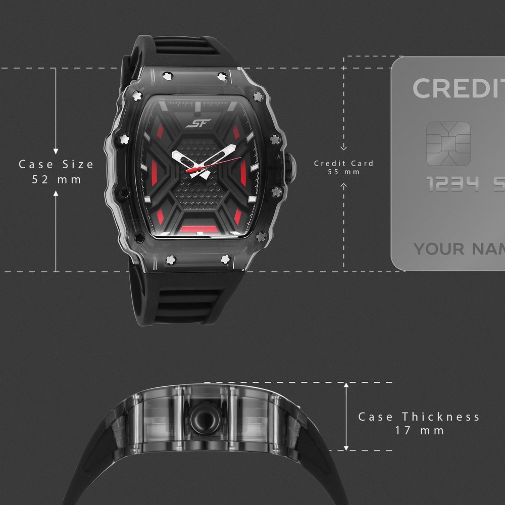 SF Maiden Voyage Sport Watch Black dial And Strap wih red accents Tonneau Shaped Case