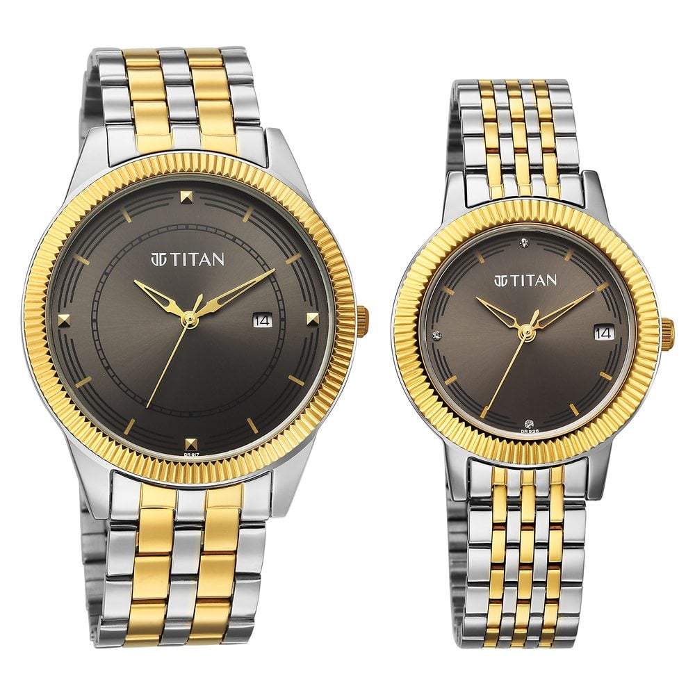 Titan Bandhan Eternal Pair Analog with Date and Gun Dial Dual Tone Stainless Steel Strap Watch for Couples