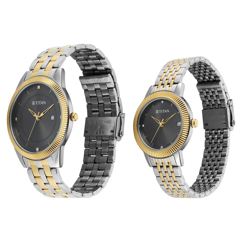Titan Bandhan Eternal Pair Analog with Date and Gun Dial Dual Tone Stainless Steel Strap Watch for Couples