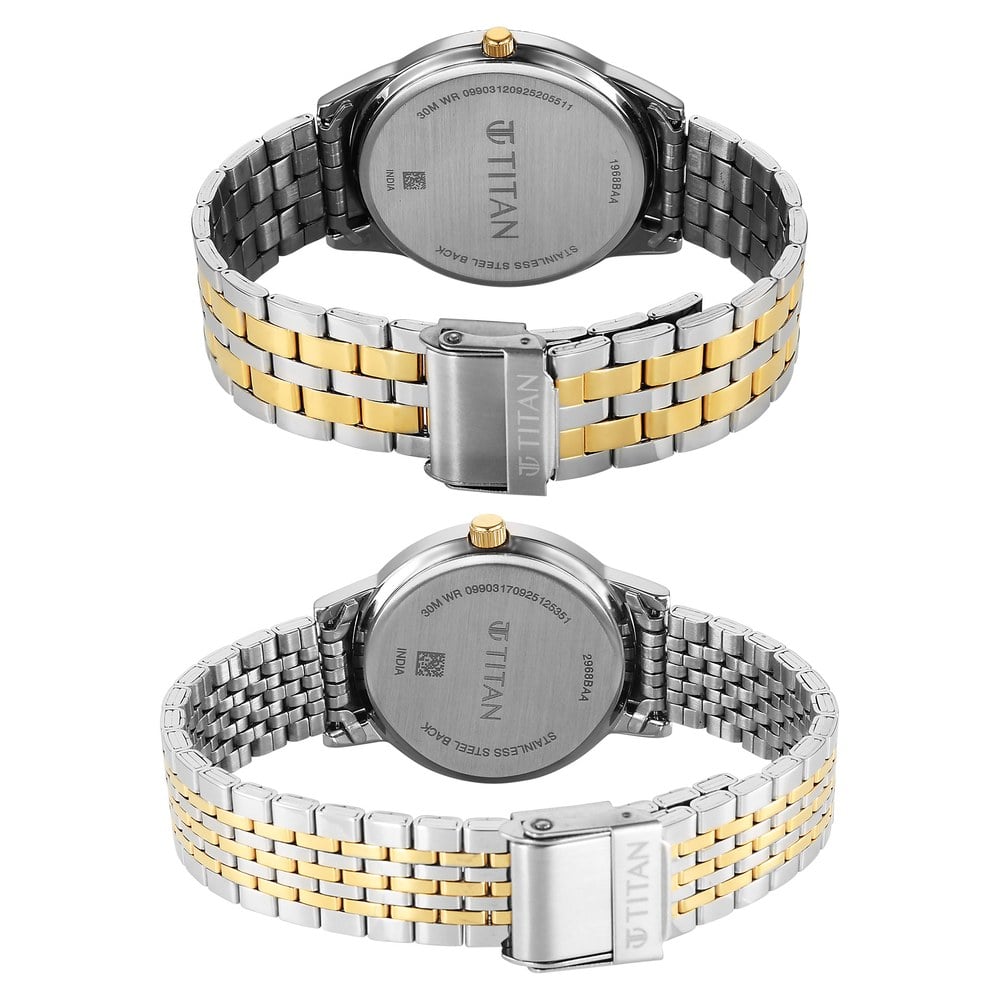 Titan Bandhan Eternal Pair Analog with Date and Gun Dial Dual Tone Stainless Steel Strap Watch for Couples