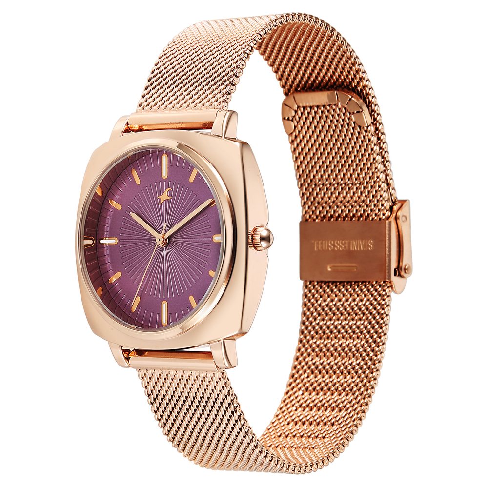 Fastrack Stunners Quartz Analog Purple Dial Rose Gold Stainless Steel Strap Watch For Girls