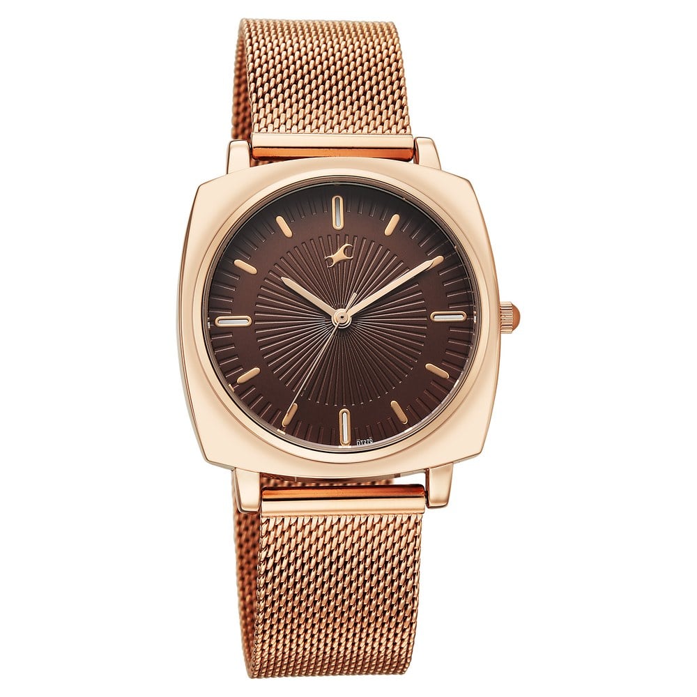Fastrack Stunners Quartz Analog Brown Dial Rose Gold Stainless Steel Strap Watch For Girls