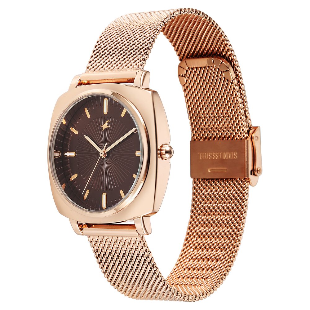 Fastrack Stunners Quartz Analog Brown Dial Rose Gold Stainless Steel Strap Watch For Girls