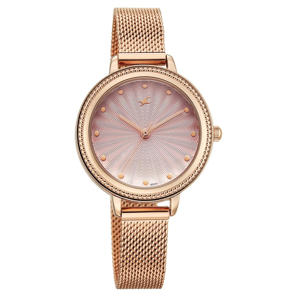 Fastrack Stunners Quartz Analog Pink Dial Rose Gold Stainless Steel Strap Watch For Girls