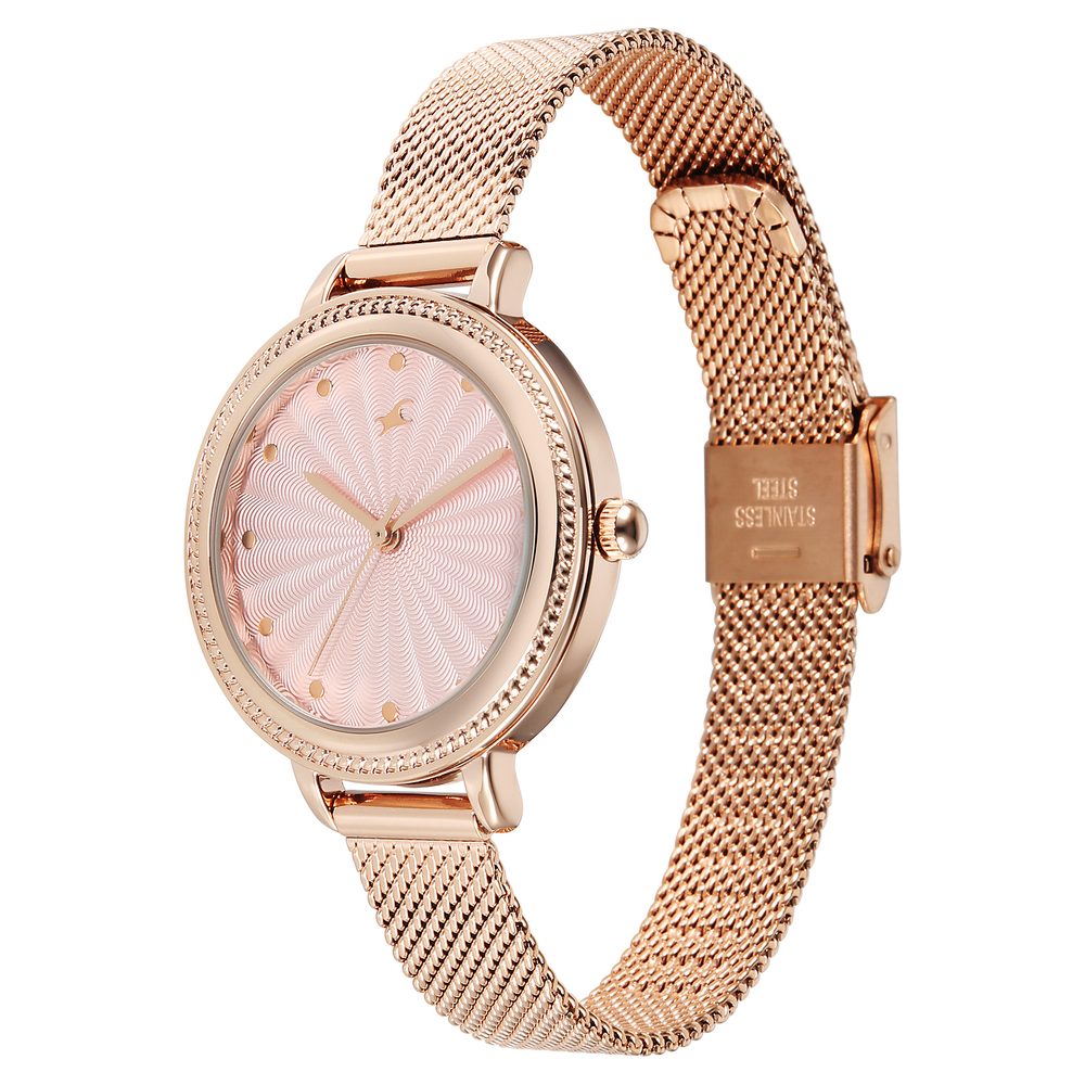 Fastrack Stunners Quartz Analog Pink Dial Rose Gold Stainless Steel Strap Watch For Girls
