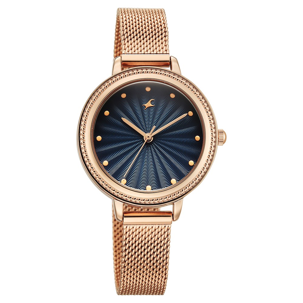 Fastrack Stunners Quartz Analog Blue Dial Rose Gold Stainless Steel Strap Watch For Girls