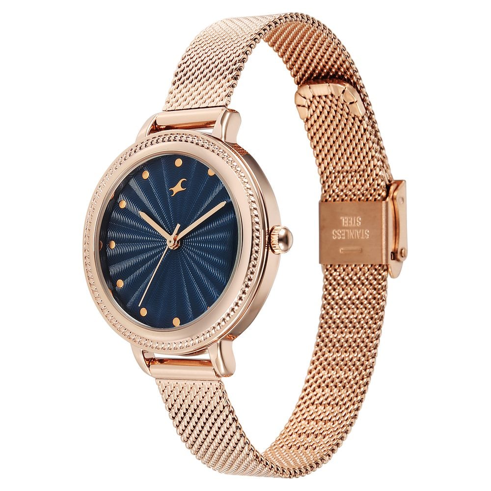 Fastrack Stunners Quartz Analog Blue Dial Rose Gold Stainless Steel Strap Watch For Girls