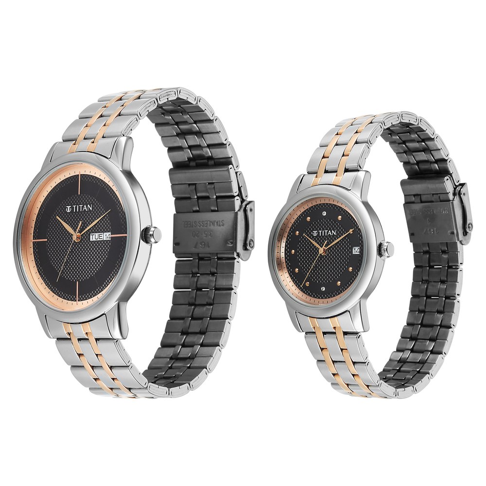 Titan Bandhan Eternal Pair Analog with Date and Black Dial Dual Tone Stainless Steel Strap Watch for Couples