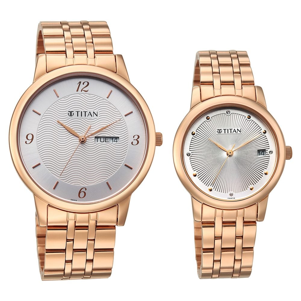 Titan Bandhan Eternal Pair Analog with Date and Silver Dial Rose Gold Stainless Steel Strap Watch for Couples
