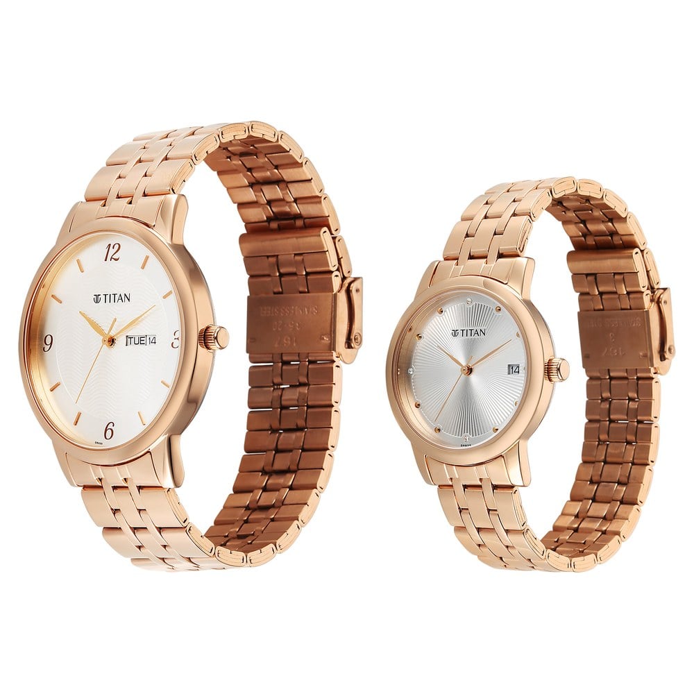 Titan Bandhan Eternal Pair Analog with Date and Silver Dial Rose Gold Stainless Steel Strap Watch for Couples
