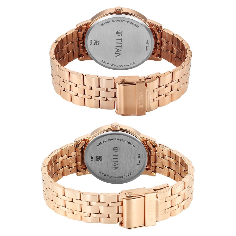 Titan Bandhan Eternal Pair Analog with Date and Silver Dial Rose Gold Stainless Steel Strap Watch for Couples