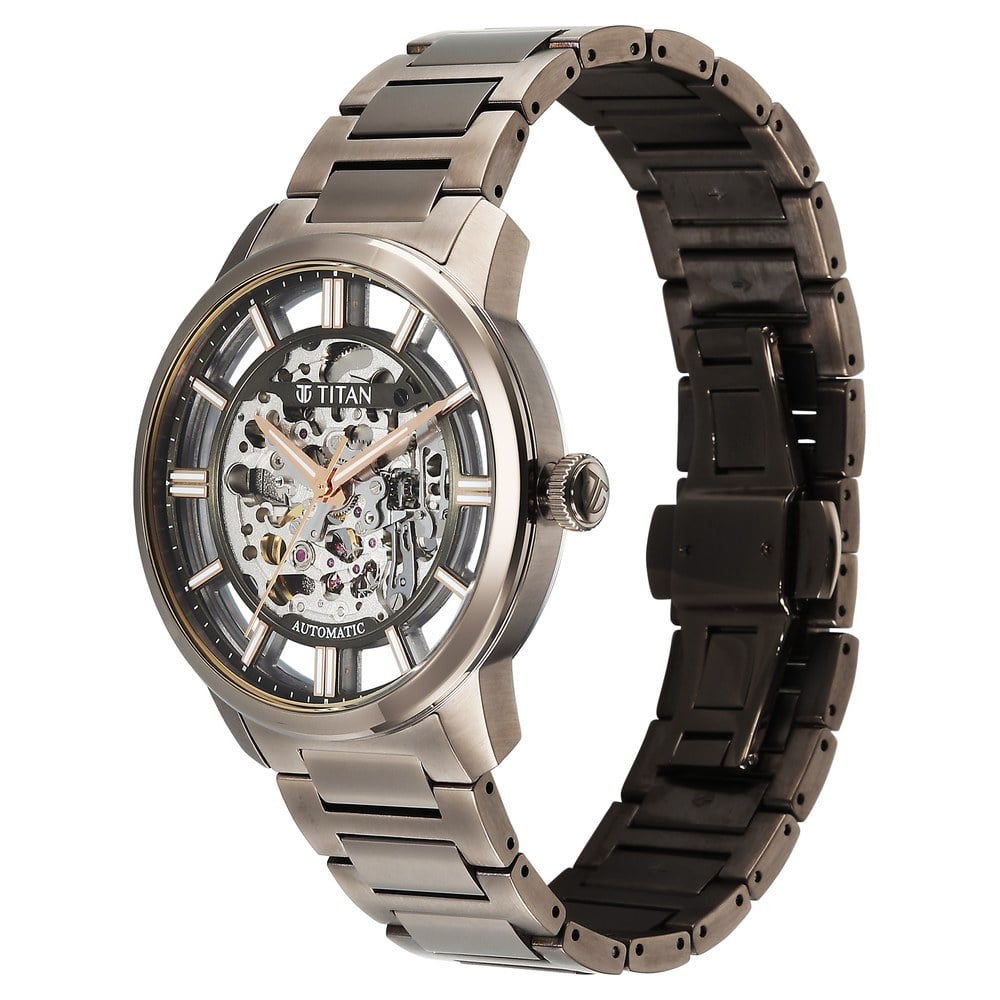 Titan See-Through Skeletal Automatic Analog with Black Dial Copper Brown Stainless Steel Strap Watch for Men