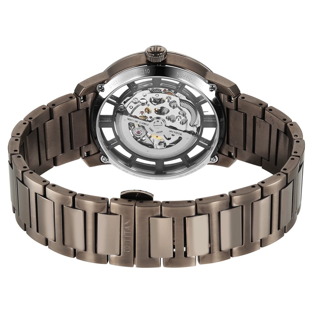 Titan See-Through Skeletal Automatic Analog with Black Dial Copper Brown Stainless Steel Strap Watch for Men