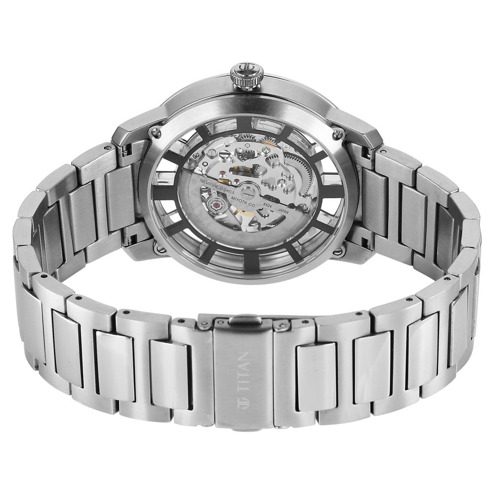 Titan See-Through Skeletal Automatic Analog with Black Dial Silver Stainless Steel Strap Watch for Men
