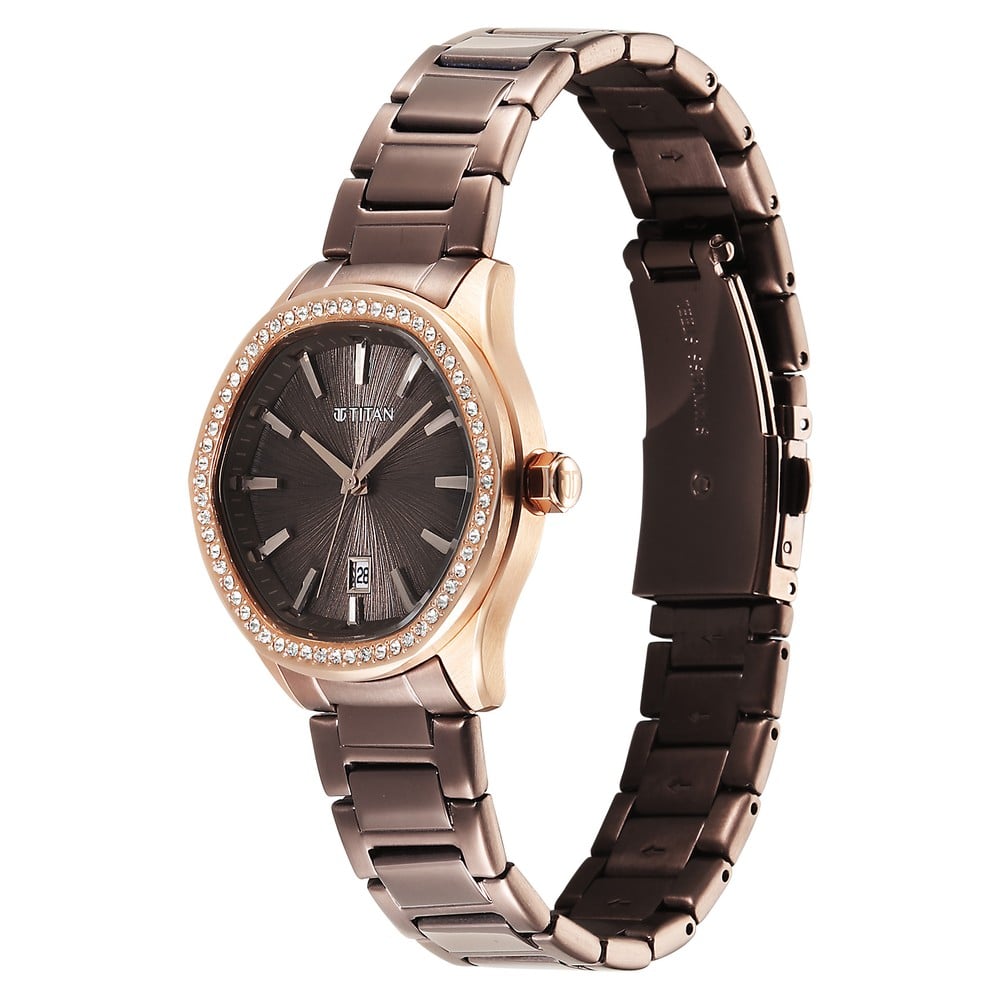Titan Glamour Quartz Analog with Date Brown Dial Brown Stainless Steel Strap Watch For Women