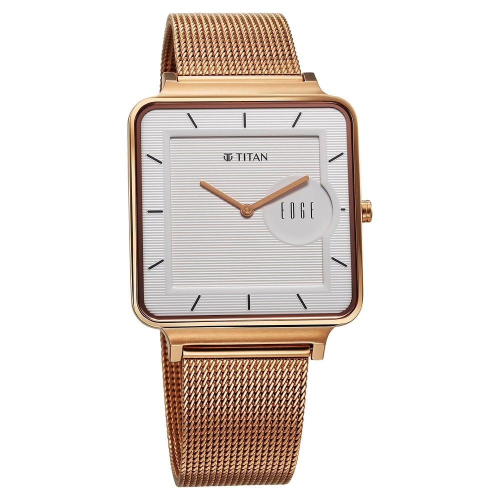 Titan Edge Quad Quartz Analog White Dial With Rose Gold Stainless Steel Strap Watch For Men