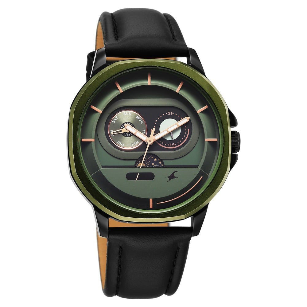Fastrack Street Opulence Quartz Sun Moon Multifunction Green Dial Black Leather Strap Watch For Guys