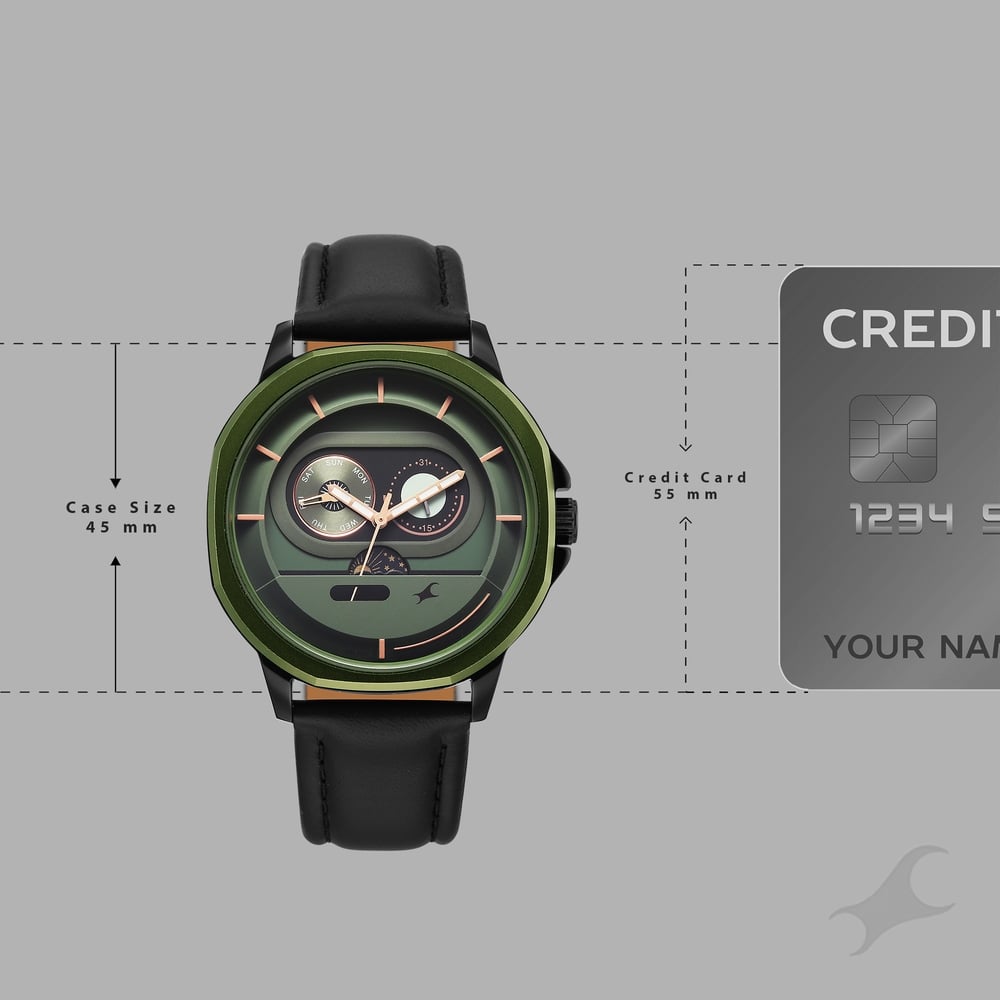 Fastrack Street Opulence Quartz Sun Moon Multifunction Green Dial Black Leather Strap Watch For Guys
