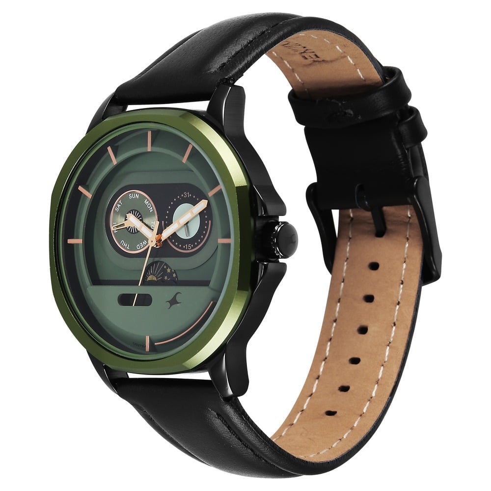 Fastrack Street Opulence Quartz Sun Moon Multifunction Green Dial Black Leather Strap Watch For Guys