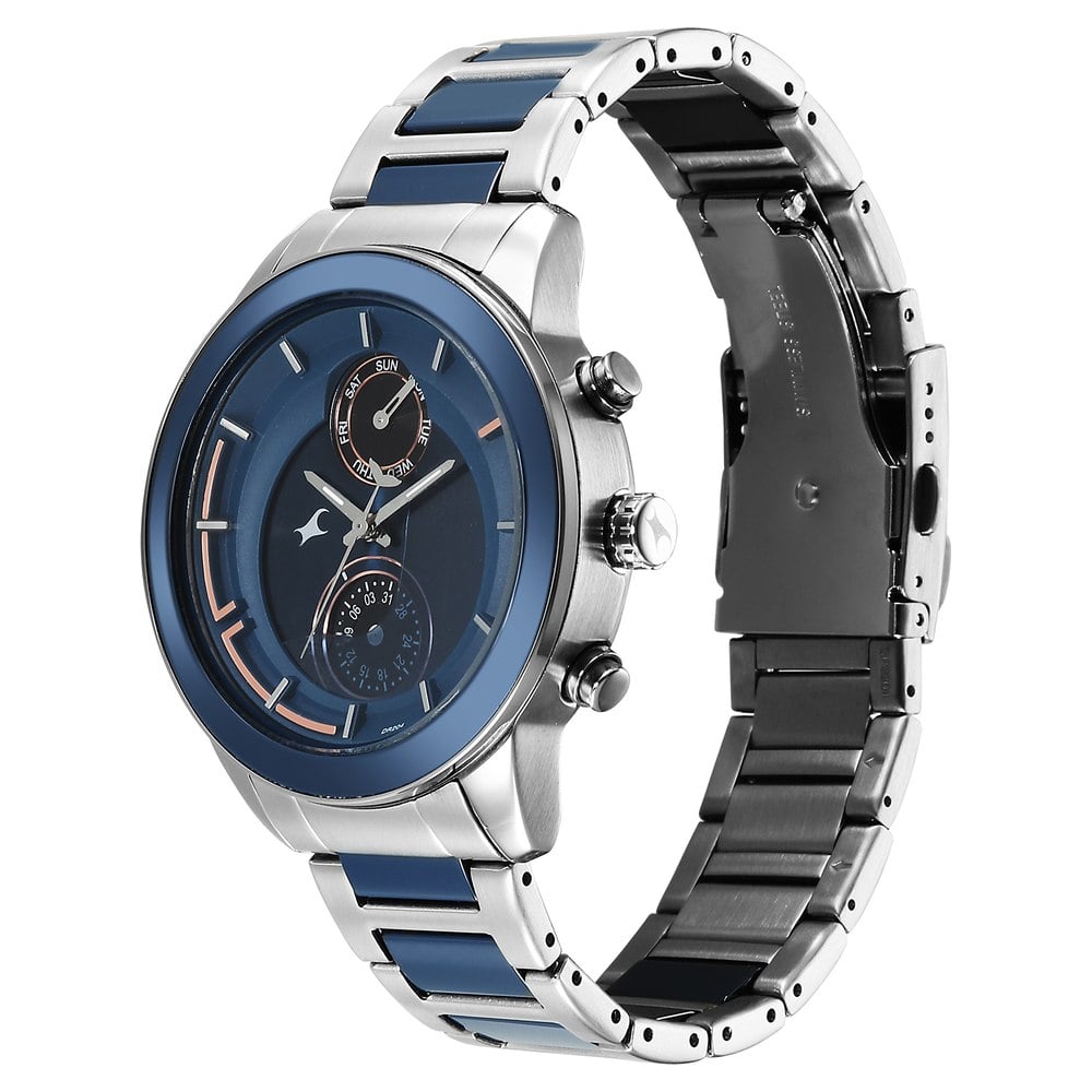 Fastrack Oceanyx - Ceramic Quartz Multifunction Blue Dial Two Toned Strap Watch For Guys