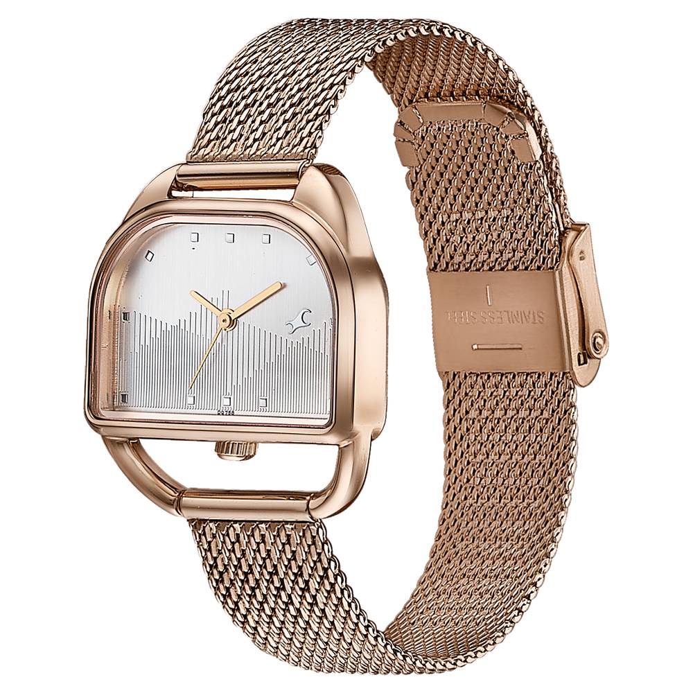 Fastrack Style Up Quartz Analog Silver Dial Rose Gold Stainless Steel Strap Watch For Girls